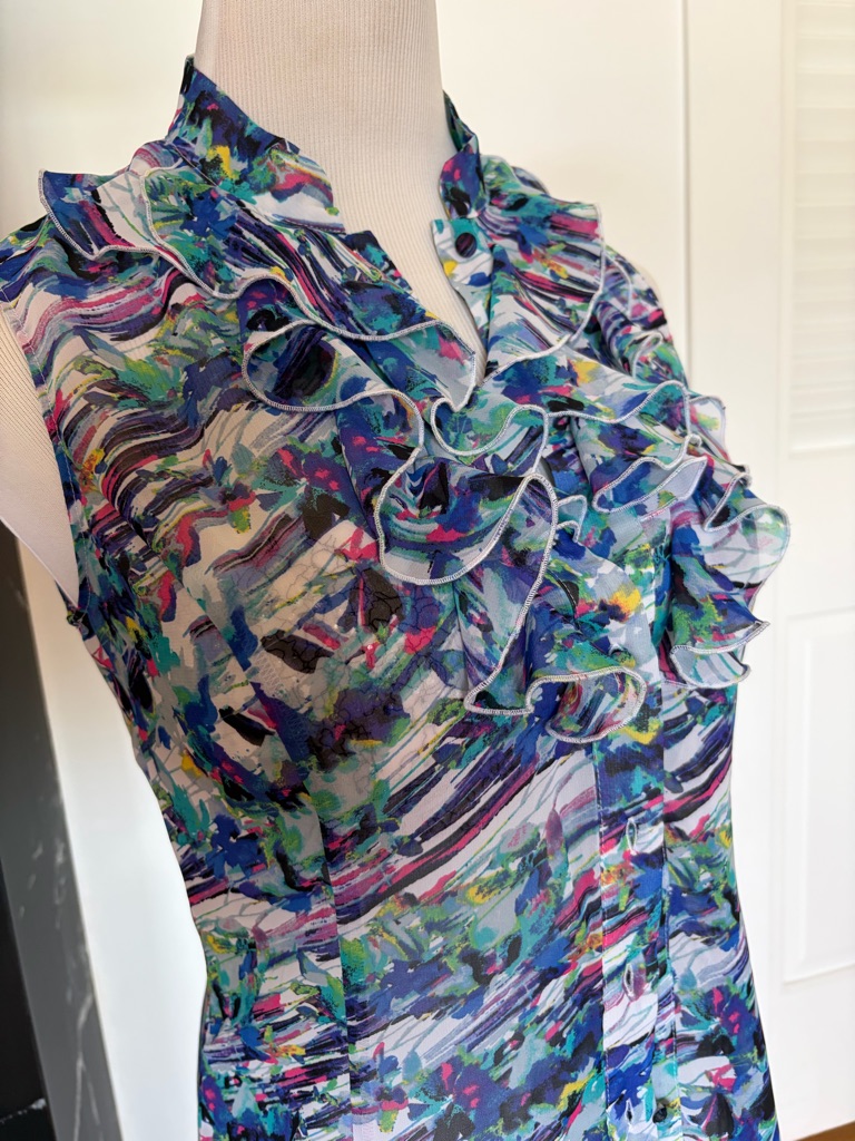 Tahari By Arthur Levin Sheer Sleeveless Ruffle Front Blouse Blue-Green